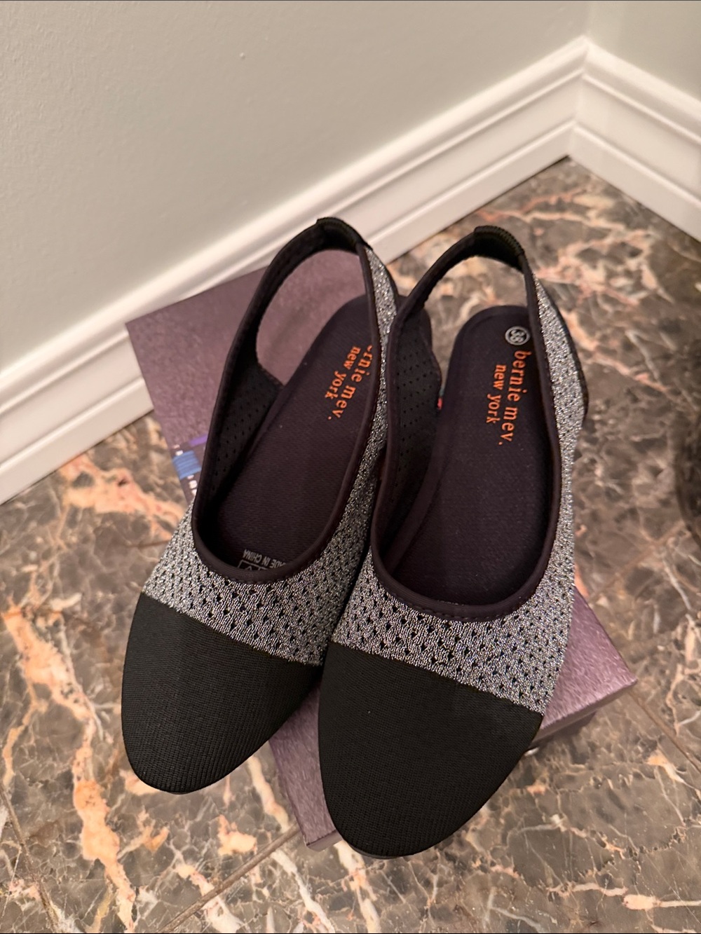 bernie mev. Black and Gray Knit Slingback Flats